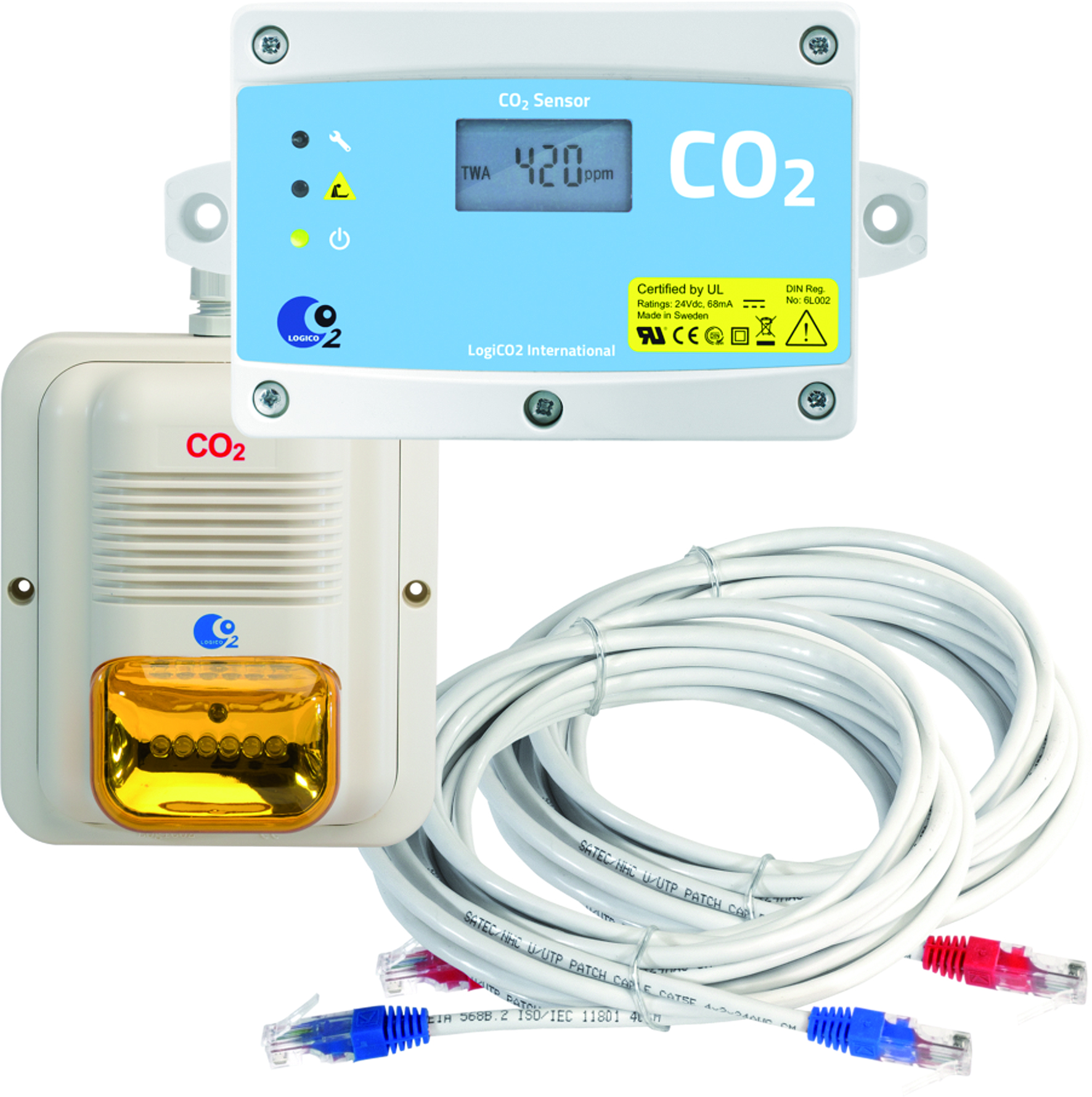 CO2 Warnsystem-Sensorsatz Mk9 4A-2117-CO2 Warnsystem, CO2 Detektorsatz, CO2 Sensorsatz, CO2 Überwachung, Zweiraumüberwachung, CO2 Detektor, Horn/LED Stroboskop, Strom-/Kommunikationskabel, Steckerverriegelung, Signalkabel, RJ45 Stecker, Handbuch, H/S-Schi